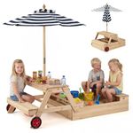 COSTWAY Kids Sandbox, Wooden Sandpit Playset with Foldable Umbrella,Convertible Picnic Table & Benches, 3-in-1 Outdoor Sand Box & Table Set for Boys Girls 3-5 Years Old