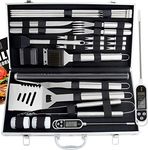 Romanticist 28pc BBQ Grill Accessories Set with Thermometer - Heavy Duty Stainless Steel Grill Utensils in Aluminium Case for Outdoor Camping Backyard Barbecue - Ideal for Men Dad