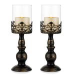 Sziqiqi Vintage Distressed Black Hurricane Candle Holders Set of 2, Versatile Metallic Pedestal Glass Floral Centerpiece Base for Wedding Party Home Fireplace Mantel Decoration 33cm/13in