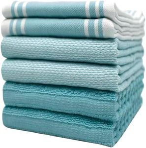 Premium Kitchen Towels (20”x 28”, 6 Pack) | Large Kitchen Hand Towels | Kitchen Towels Cotton | Flat & Terry Towel | Highly Absorbent Tea Towels Set with Hanging Loop | Wide Stripe Aqua