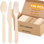 (150 Count) Disposable Wooden Cutlery Set - Alternative to Plastic Cutlery, Eco Friendly, Biodegradable, Compostable Cutlery Set - 50 Wood Spoons, 50 Wooden Knives, 50 Wooden Forks Disposable Utensils