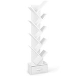 CASART 10-Tier Tree Bookshelf, Slim Tall Floor Standing Bookcase with Drawer & Wall Anchor, Wooden Display Shelving Storage Rack for Living Room Bedroom Office (White)