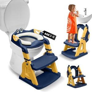 BAMBINAO 2-in-1 Potty Training Seat: Toddler Potty Training Toilet, Step Stool for Boys Girls! Potty Training Seat with Splash Guard, Anti Slip Pad & 5 Levels Height Adjustments! (Blue & Yellow)