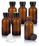 Amber Glass Boston Round Bottle (1 oz) with Black Phenolic Cone Lined Caps (6 Pack) + Labels and a Funnel