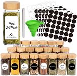 CycleMore 24 Pcs Spice Jars with Bamboo Lids 4 oz Glass Spice Jars with Labels - Minimalist Blank Spice Labels Stickers, Black Labels Stickers, Collapsible Funne