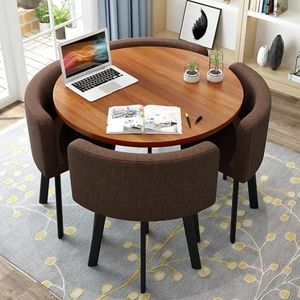 WOOOFA Round Dining Table Set for 4, Faux Marble Conference Table and Chairs Set, Kitchen Table Chairs Set with Strong Metal Frame, Space-Saving, Office Table and Chair Set for Home and Apartment