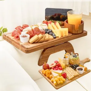 RosiRoli Acacia Wood Couch Arm Tray with Charcuterie Board On Armrest Table, 4-in-1 Clip (Phone Holder/Non-Slip Cup Slot), Foldable Snack Tray for Small Spaces TV Entertaining (Natural Wood)