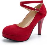 Women's Platform High Heels Closed Toe Pumps Strappy Cross Ankle Strap Shoes, Suede Red, 8