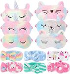 12 Packs Sleepover Party Favors for Teenager Girl, Unicorn Animal Plush Sleep Eye Mask Soft Plush Nap Eyeshade Plush Bow Headbands, Elastic Hair Band for Single Women Spa Pajama Party (Vivid Style)