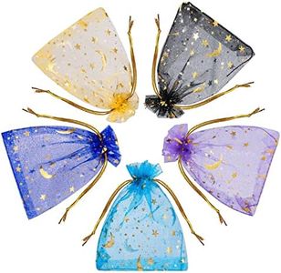 Fuyamp 100 pièces Sacs En Organza, 9 * 12cm Mélanger Couleur Organza Pochettes Sachet avec Motif étoile et lune Cadeaux Bijoux Quotidiens Ligne Or Ruban Sac de Bonbons pour Les Festivals de Mariage
