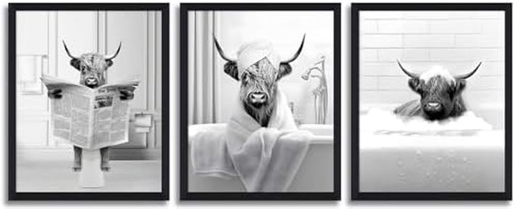 Bathroom Decor Wall Art Framed, Funny Highland Cow Wall Art in Toilet, Black and White Cow In Bathroom Picture, Humor Animals Bathroom Artwork Prints Bathroom Wall Decor Ready To Hang for Bathroom,