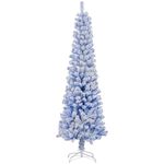 HOMCOM 6ft Snow Flocked Pencil Christmas Tree, Artificial Slim Xmas Tree with Realistic Branch Tips, Folding Metal Stand, Blue