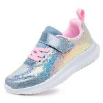 Toandon Girls Kids Sneakers Sequins Sparkle Shoes Breathable Lightweight Elastic Band Athletic Sport Running Walking Fashion Child Strap Non Slip Hook and Loop Closure Sneakers Pink Blue Size 12