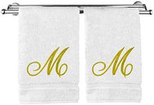 Monogrammed Hand Towel, Personalized Gift, 16 x 30 Inches - Set of 2 - Gold Embroidered Towel - Extra Absorbent 100% Turkish Cotton- Soft Terry Finish - for Bathroom, Kitchen and Spa- Script M White