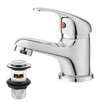 Basin Mixer Tap with Pop Up Waste, BATHWEST Classic Brass Chrome Monobloc Bathroom Sink Taps with Sink Plug, Single Lever Morden Basin Taps with Waste 022NCR