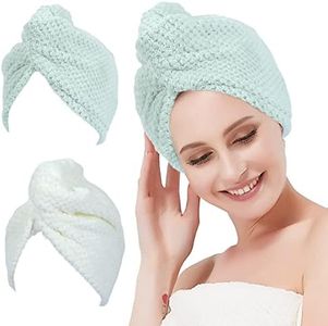 MaopaoBeauty 2 Pack Microfiber Towel for Hair Drying, Super Absorbent Hair Towels with Double Buttons, Hair Wrap Towels for Curly Hair, Wet Hair (Beige&Green)