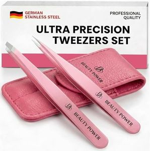 Beauty Power Professional Tweezers Set – Slant & Point, Ultra Precision German Stainless Steel Tweezers for Eyebrows, Chin, Ingrown Hair & Facial Grooming – Lightweight with Case - Gift Idea - Pink