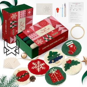 yuegool 6PCS Christmas Punch Needle Coasters Kit,Easy DIY Punch Needle Embroidery Kit for Beginners Adults Kids Including Patterns, Tools, Yarns, Hoop, Instruction, Coaster Holder Art Craft Supplies