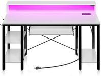 Rolanstar Computer Desk 47 inch with LED Lights & Power Outlets, Desk with Storage shelves, Home Office Desk with Keyboard Tray, Writing Desk with Monitor Stand, Work Study Desk for home office, White