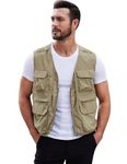 Gihuo Mens Fishing Vest Summer Outdoor Work Vest Utility Safari Travel Lightweight Sleeveless Jackets with Pockets, Khaki, Medium