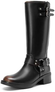 DREAM PAIRS Women's Knee High Boots Side Zipper Motorcycle Boots Square Toe Chunky Low Heel Fashion Buckles Biker Riding Boots,Size 10,Black/Brown,SDKB2412W
