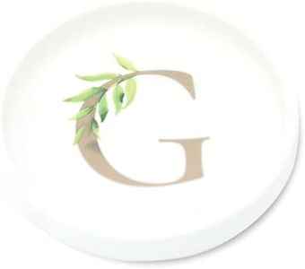 Trinket Tray Ring Dish with Personalized G in Gold Foil and Greenery - White Ring Dish- Monogrammed Trinket Dish or Jewelry Bowl - Cedar & Ink (G)
