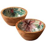 nestroots Set of 2 Serving Snacks Bowls Wooden for Dry Fruits Mango Wood with Decaling Print with Clear Enamel Design (6 INCH Diameter, Green)