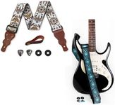 Art Tribute White & Blue Vintage Woven Guitar Strap Package Bundle W/FREE BONUS- 2 Picks + Strap Locks + Strap Button. Best Gift For Bass, Electric & Acoustic Guitars