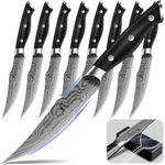 CoquusAid Steak Knives Set of 8, 4.8 Inch Straight Edge Ultra Sharp Durable Meat Knives with Rest, High Carbon Stainless Steel Damascus Pattern Triple Rivet Handle, Ideal for Home Restaurant Party