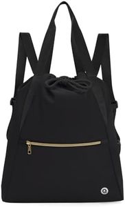 Ceneda Drawstring Backpack String Bag for Women Men Water Resistant Drawstring Bags Gym Sack with Two Zipper Pockets Sports Gym Bag (Black)