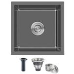 ROVATE 15 inch Black Bar Sink Undermount, Small Kitchen Sink Single Bowl, Handmade T-304 Stainless Steel Bar Sink with Basket Strainer, 15 x 15 x 8 inch