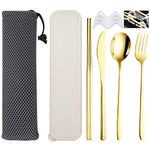 SITAKE 6 Pcs Portable Stainless Steel Flatware Set, Travel Reusable Lunch Utensils with Storage Case and Bag, Knife Fork Spoon Chopsticks Set for Office, School, Travel, Camping, Picnic (Gold)