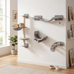 PawHut 4Pcs Cat Wall Shelf with Scratching Post, Cat Wall Shelves for Relaxing, Climbing, Cat Wall with Soft Ladder, Hammock, Play Balls, Grey