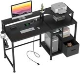 GreenForest Computer Desk with Power Outlets, 55 inch Black Desk with Storage Shelves and Printer Shelf, Home Office Desk with Monitor Stand, Writing Study Desk with Drawers for Home, Black