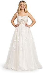 David's Bridal Lace Applique and Tulle Illusion Corset Ball Gown, Women's Size 14, Soft White