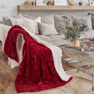 DaDa Bedding Valentine's Romantic Red Faux Fur Throw Blanket - Fluffy Lovely Hearts Plush Sherpa Backside Fleece for Lap or Sofa - Cuddly Gift for Her Embossed Solid Pomegranate Merlot - 50" x 60"