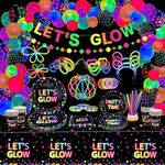 398 Pcs Glow in The Dark Party Supplies - Include Glow in The Dark Balloons, Banner, Glow Sticks, Tableware and Tablecloths for Glow Party Supplies Black Light Neon Party Decorations, Serve 20