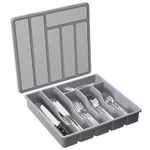 Lifewit Cutlery Tray with Lid, Cutlery Storage Box for Kitchen Drawer and Countertop, Plastic Cutlery Drawer Organiser for Spoons Forks Knives Holder Storage Insert, 6 Compartments, Grey