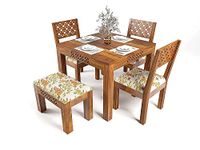 WeeHom Furniture Sheesham Wood CNC 4 Seater Dining Set with 3 Printed Cushion Chairs, 1 Bench Wooden Dining Table with Chairs for Living Room Home - Honey Finish