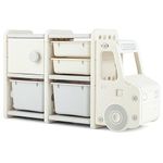 GYMAX Kids Storage Unit, Toddler Toy Organizer with Large Bins, Pull-Out Drawers & Enclosed Cabinets, Children Storage Shelf for Playroom Bedroom (Beige+Grey, Car Shape: 112 x 35 x 66 cm)