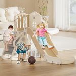 FAYDUDU Toddler Slide, 4 in 1 Kids Indoor Slide for Toddlers Age 1-3, Baby Slide with Basketball Hoop, Telescope, Climbing, Storage Indoor Outdoor Playset Playground Freestanding Slide (Beige Brown)