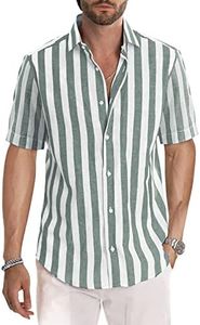 JMIERR Men's Summer Casual Stylish Short Sleeve Button-Down Shirts Cotton Linen Vertical Striped Business Dress Shirts Beach Shirt, 5XL, Gray and White Stripe