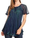 Sakkas 19215 - Donna Women's Casual Lace Short Sleeve Tie Dye Corset Loose Top Blouse - 19203-Navy - Plus Size