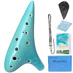 DHwebWLP 12 Hole Ocarina Instrument With Song Book for Beginner,Alto C Ceramic Ocarina(Cyan Ice-crack Crack)