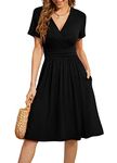 WEACZZY Dresses for Women Trendy 2024 Casual Short Sleeve Black Dresses Wrap V-Neck Party Dress with Pockets, Black, Large