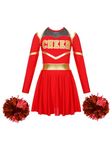 FEESHOW Girls Cheer Leader Shiny Dance Costume Cheerleading Uniform Cosplay Party Fancy Dress Up Musical Outfits with Pompoms Red 11-12 Years