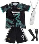 Youth Soccer Uniform Set #7 Complete Kit with Futbol Jersey Shorts Socks Necklace for Kids Boys Girls Team Practice Gear (C.R.Dragon.Green#7, 9-10 Years)