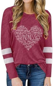 Anbech Kindness Shirts Womens Inspirational Print Tops Striped Patchwork Long Sleeve Blouse (Red, XL)