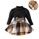 baby Girl winter clothes 2-3T toddler fall outfits long Sleeve black ribed T-Shirt mini bowknot plaid skirt sets cap