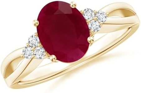 Angara 2 ct Oval Ruby Split Shank Engagement Ring with Trio Diamonds in 14K Yellow Gold | Natural Ruby Side Stone Ring for Women | July Birthday, Gemstone Jewelry Gift | 9x7mm | Ring Size- 6.5